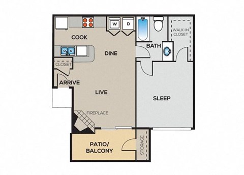 A floor plan of a house with a kitchen, dining area, living room, bedrooms, bathroom, and a patio.